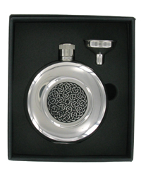 FL37 - Round Celtic Flask with funnel and engraving plate and funnel
